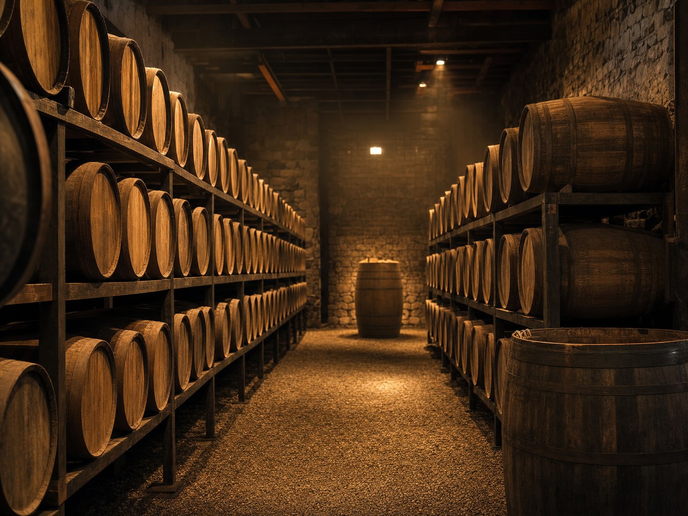 Whisky casks resting in a bonded warehouse