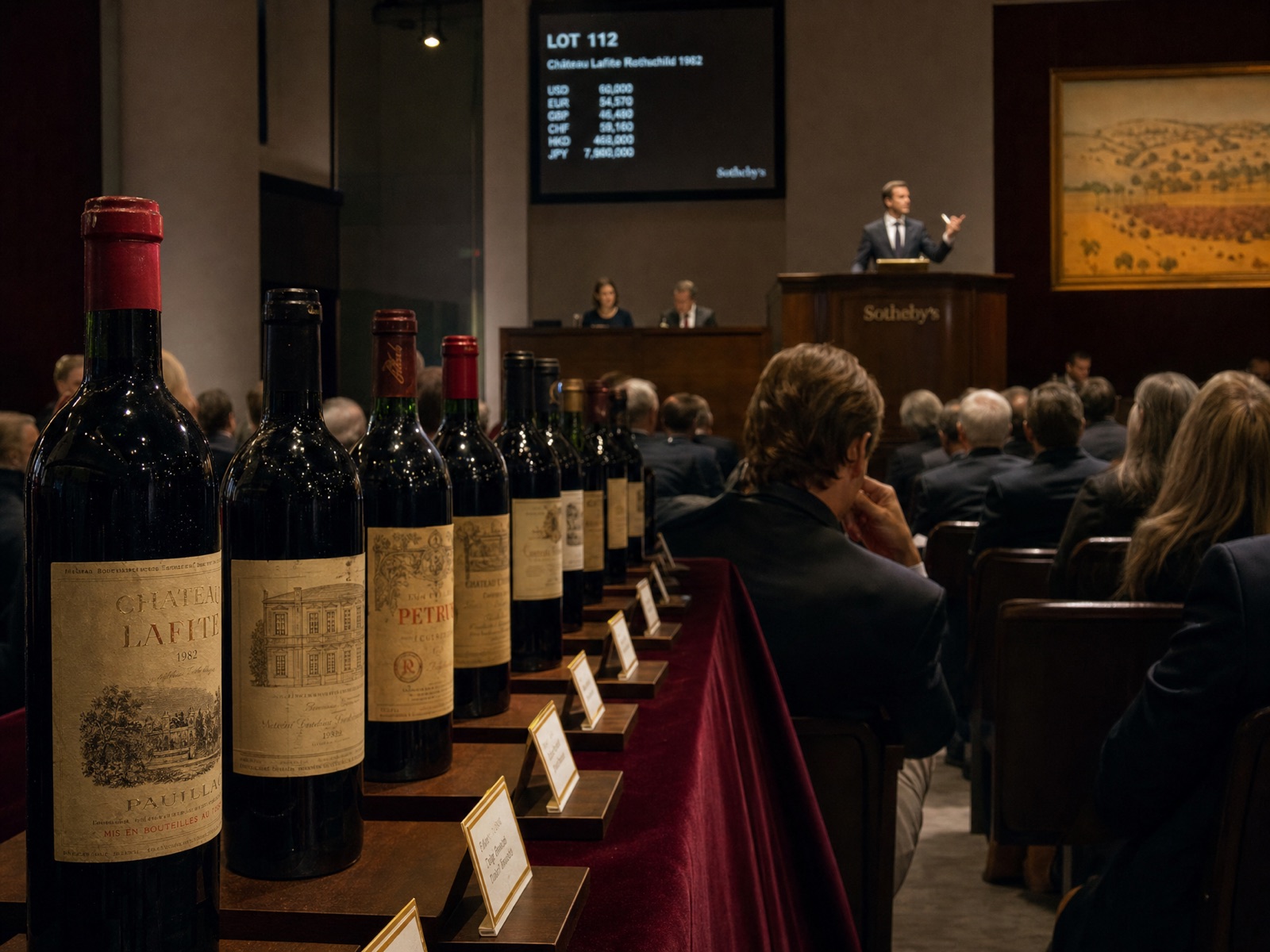 A fine-wine auction in progress, bottles displayed before bidders